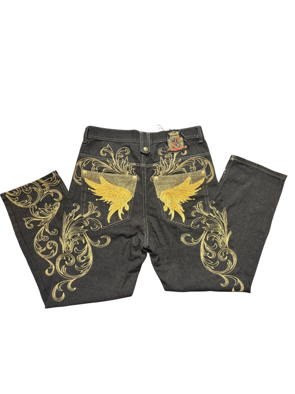 Vintage Game Time Baggy Jeans Black Gold Embroidered Wings Size 30